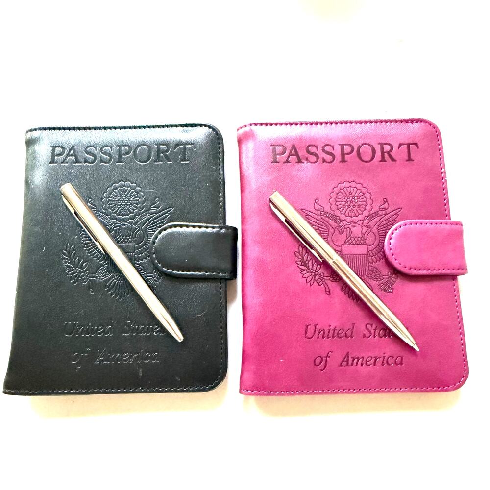 Set of 2 RFID Passport Holder Travel Wallet Case Card Slots Pen Black Pink